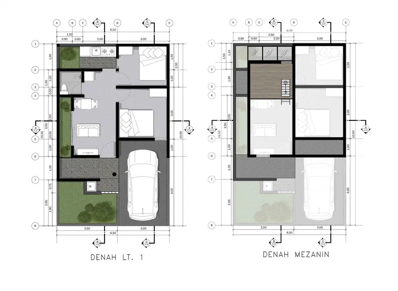 Denah lantai 1 dan mezanin Teraside Residence